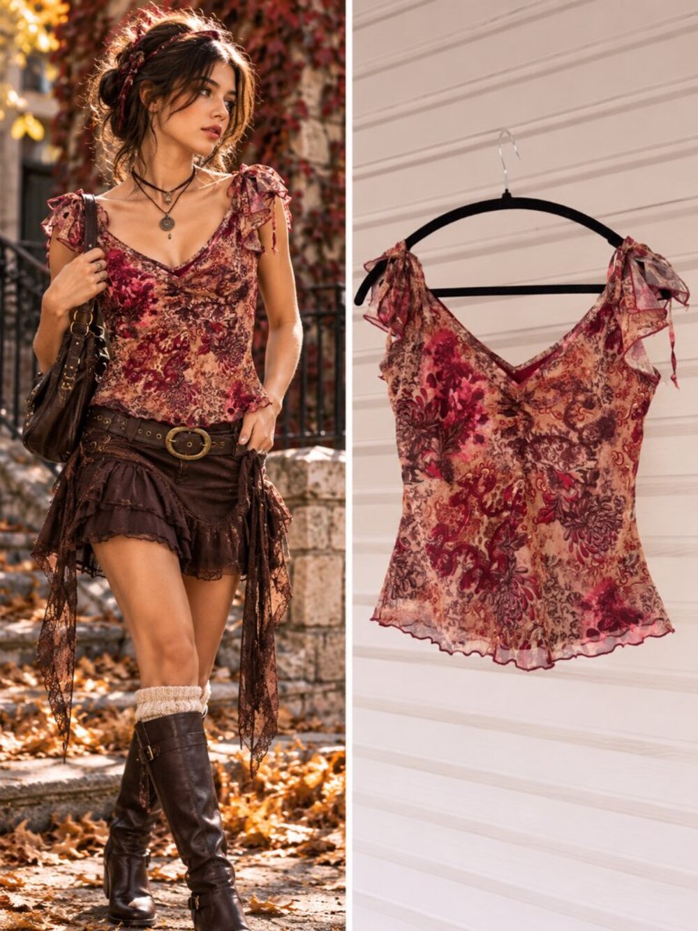Tattoo Vintage Burgundy Floral Paisley Mesh Flutter Sleeve Y2K Whimsigoth M